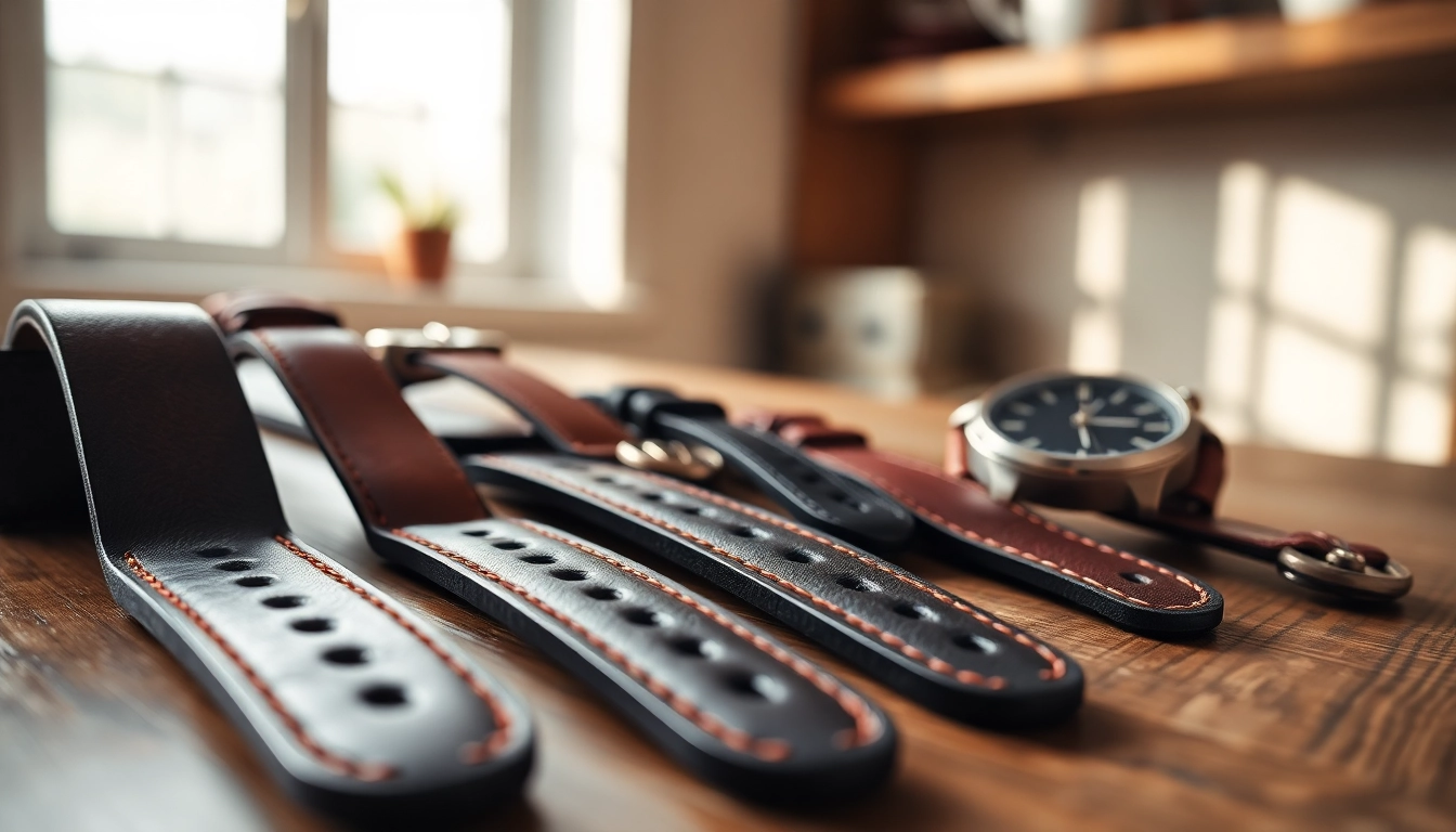 Explore stylish leather watch straps with rich textures and designs on a wooden surface.