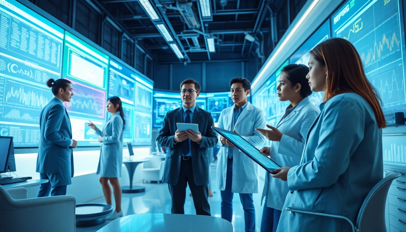 Team discussing findings on ai detection technology with digital data displays.