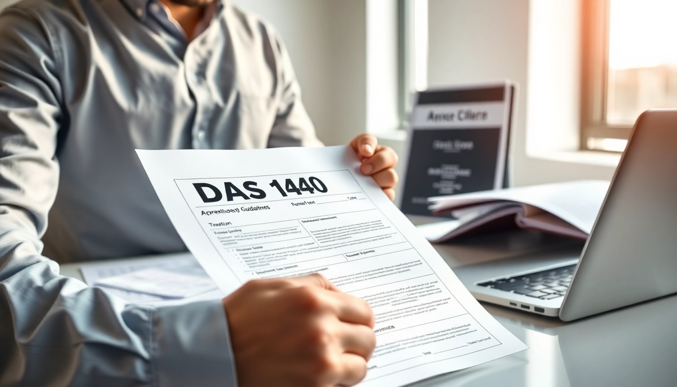 Contractor analyzing DAS 140 form in an office while ensuring compliance.