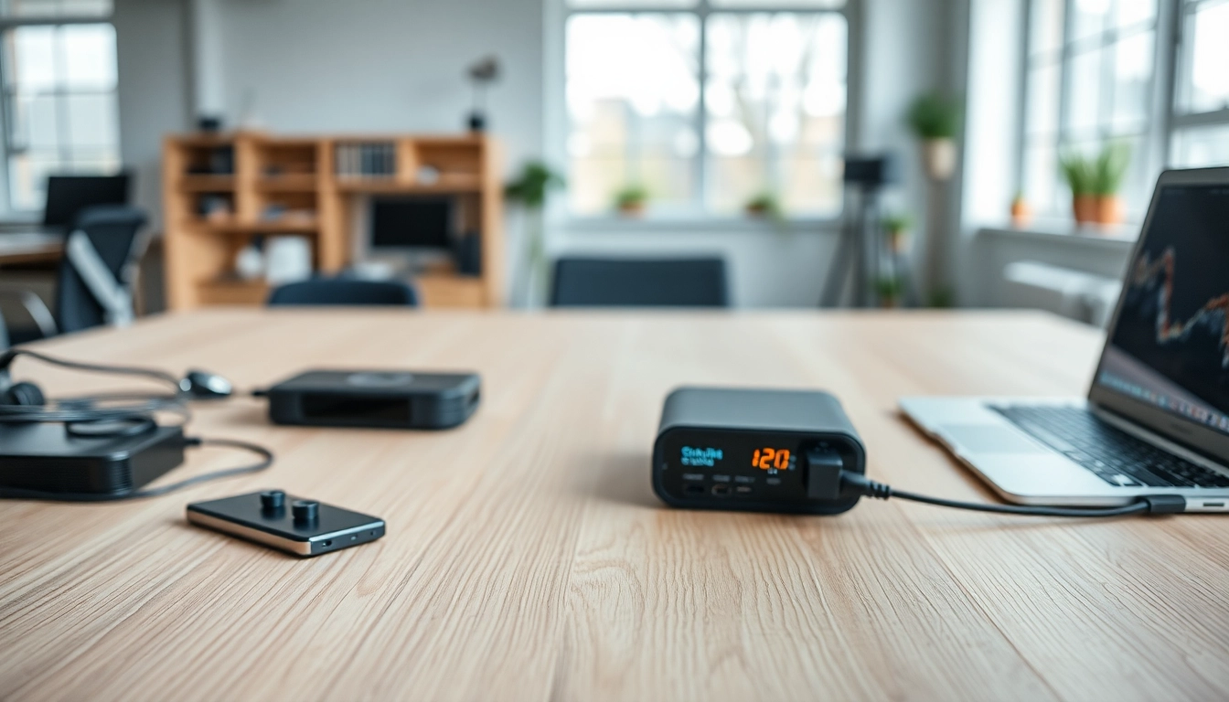 Highlighting the functional Starlink mini 12v power supply in a tech workspace with gadgets.