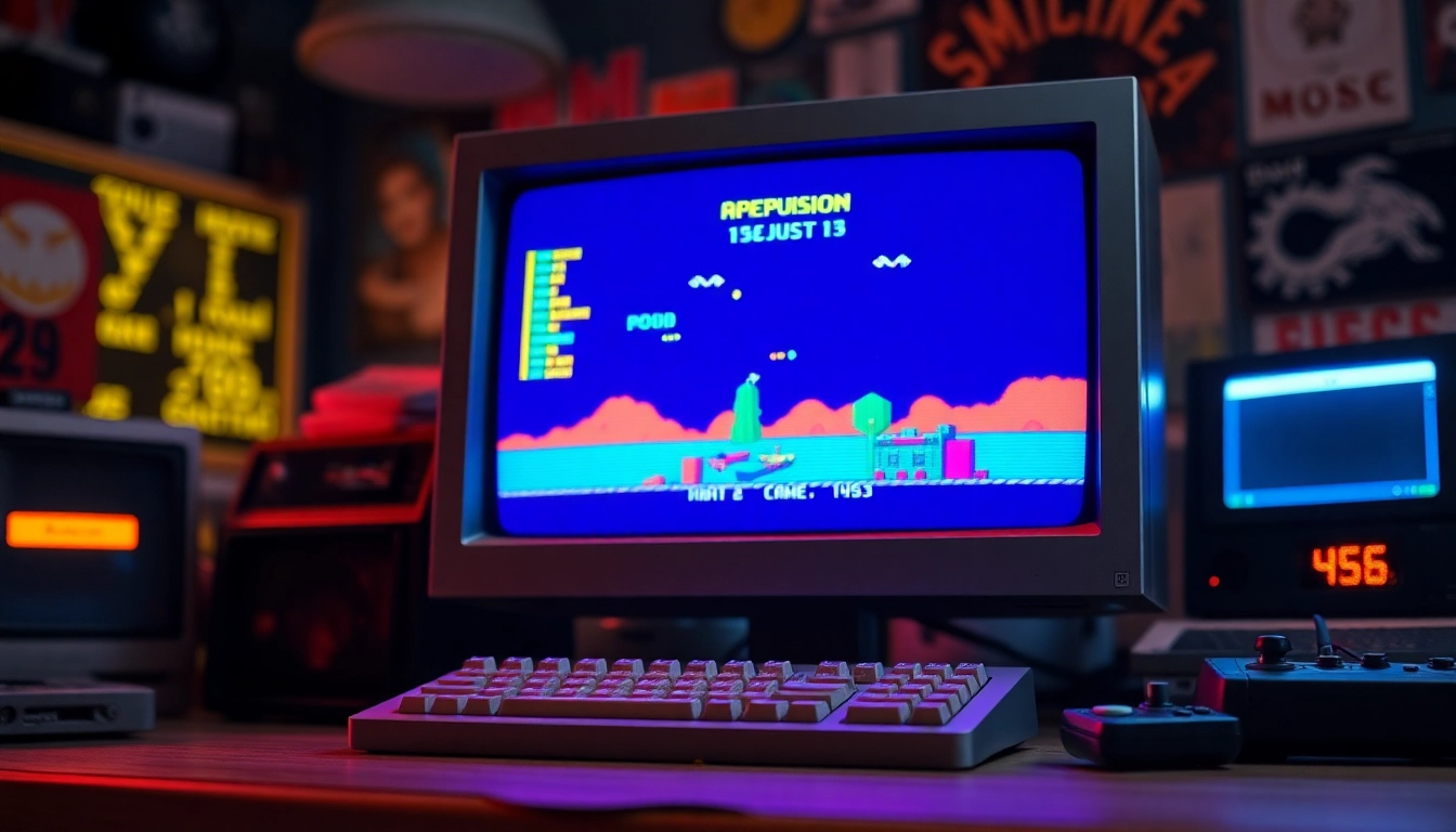 Download classic DOS games with a vibrant vintage computer setup and nostalgic gaming accessories.