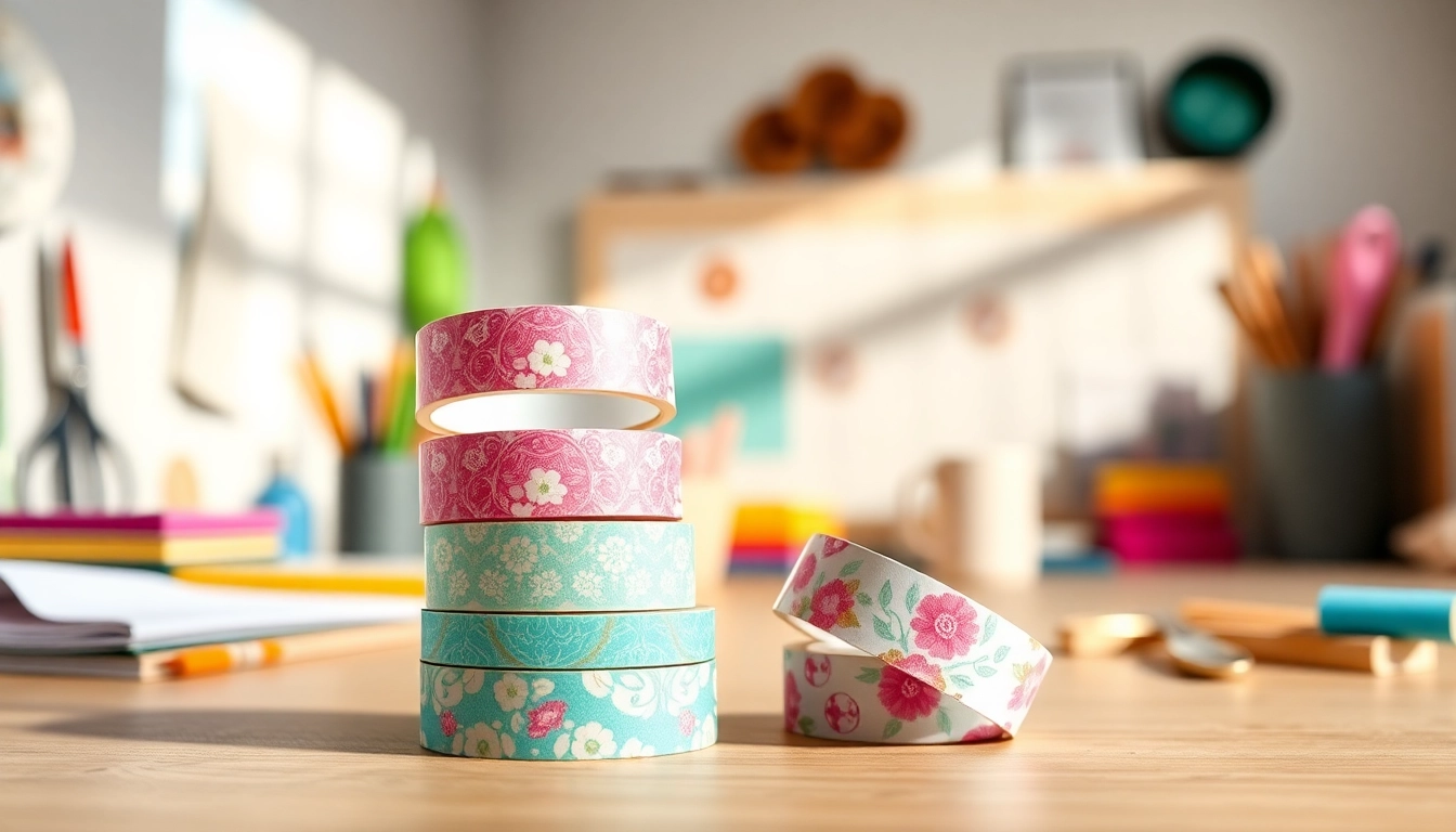 Showcase vibrant custom washi tape rolls stacked in a bright studio space for crafting.