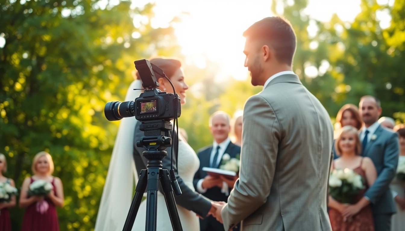 Capturing a wedding moment by an Edmonton videographer amidst a scenic outdoor setting.