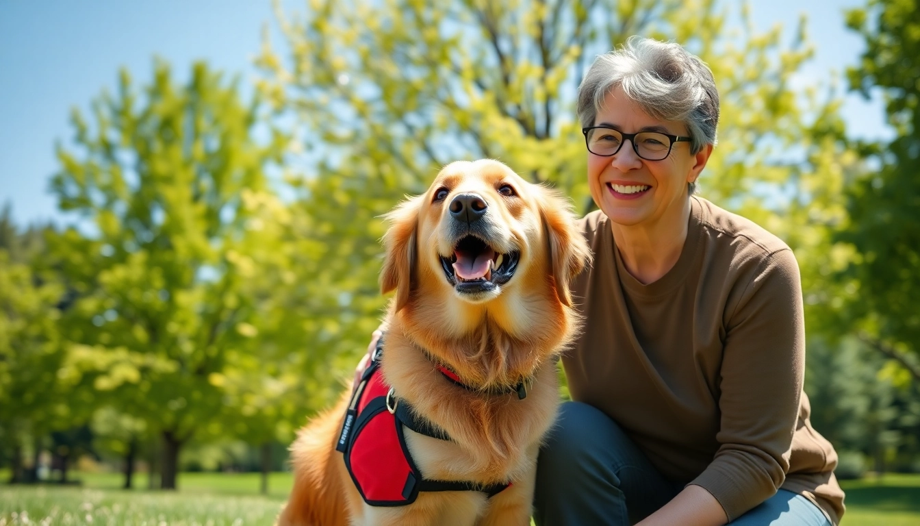 Service dogs for sale: A golden retriever service dog provides companionship in a sunny park.