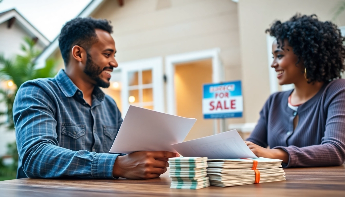 Cheerful direct home buyers engaging with sellers in a welcoming home environment.