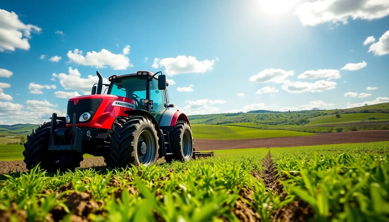 Massey Ferguson Traktor im Einsatz auf einem fruchtbaren Feld mit strahlendem Sonnenlicht.