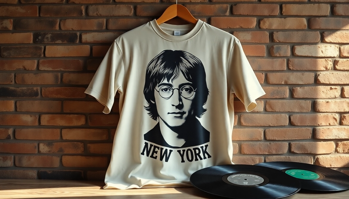 Displaying a John Lennon New York shirt against a vintage brick wall, highlighting its iconic design.