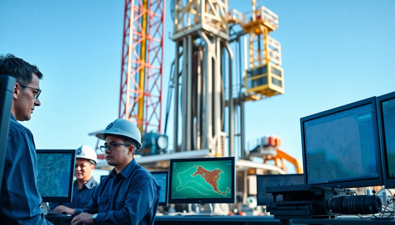 Engineers analyzing geological data for drilling at www.geosteeringvision.com, emphasizing teamwork and technology.