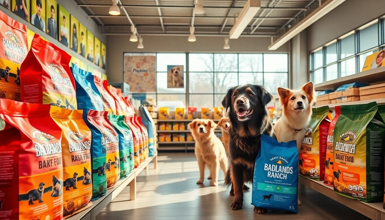 Showcasing Badlands Ranch dog food Canada bags on vibrant store shelves.