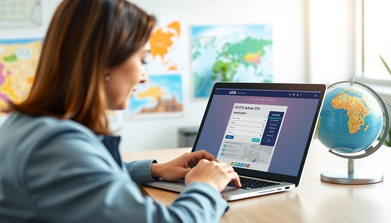 Individual using a laptop for the uk eta online application in a modern office
