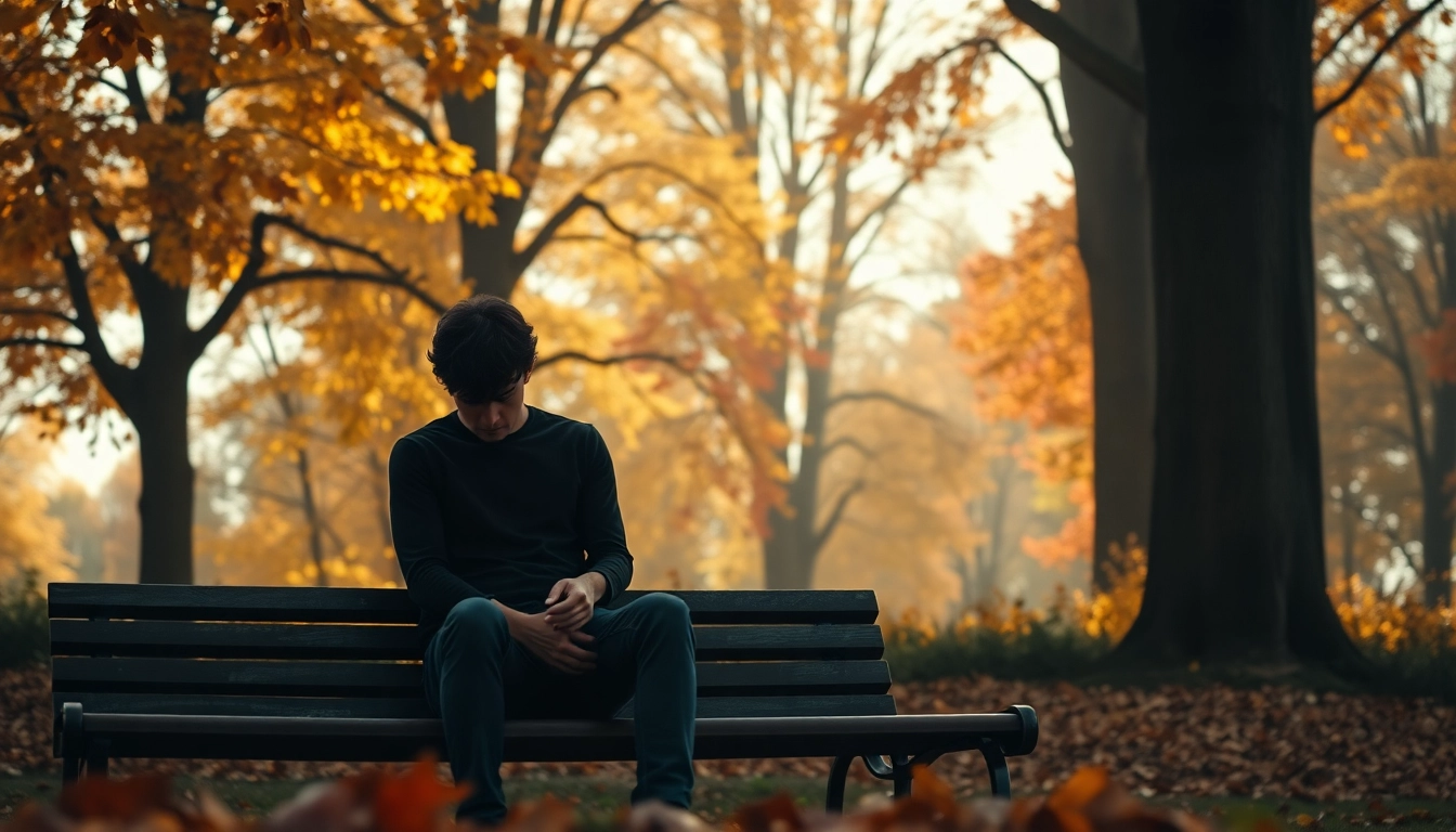 Person reflecting on dealing with grief in a serene autumn park setting
