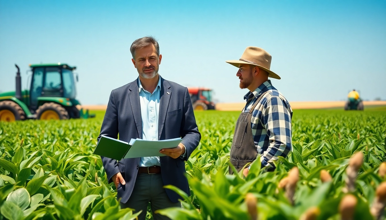 Agriculture lawyer providing legal advice to a farmer in a vibrant green field.