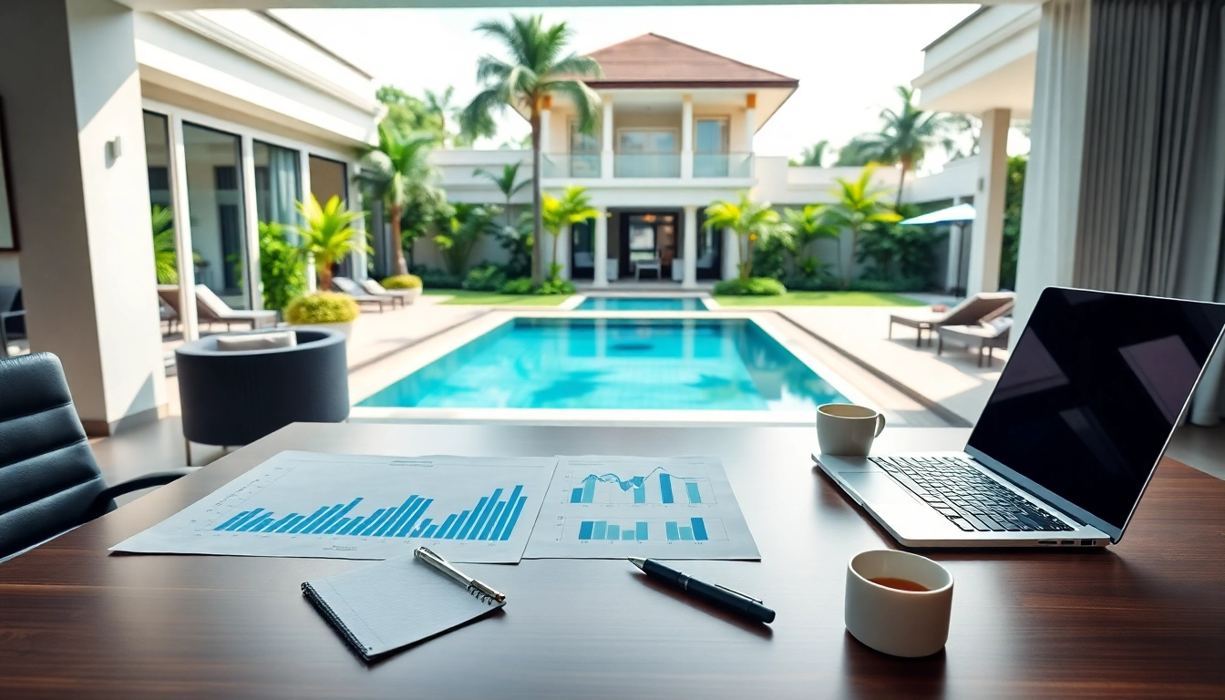 Highlighting villa management solutions in a professional office setting with elegant villa background.
