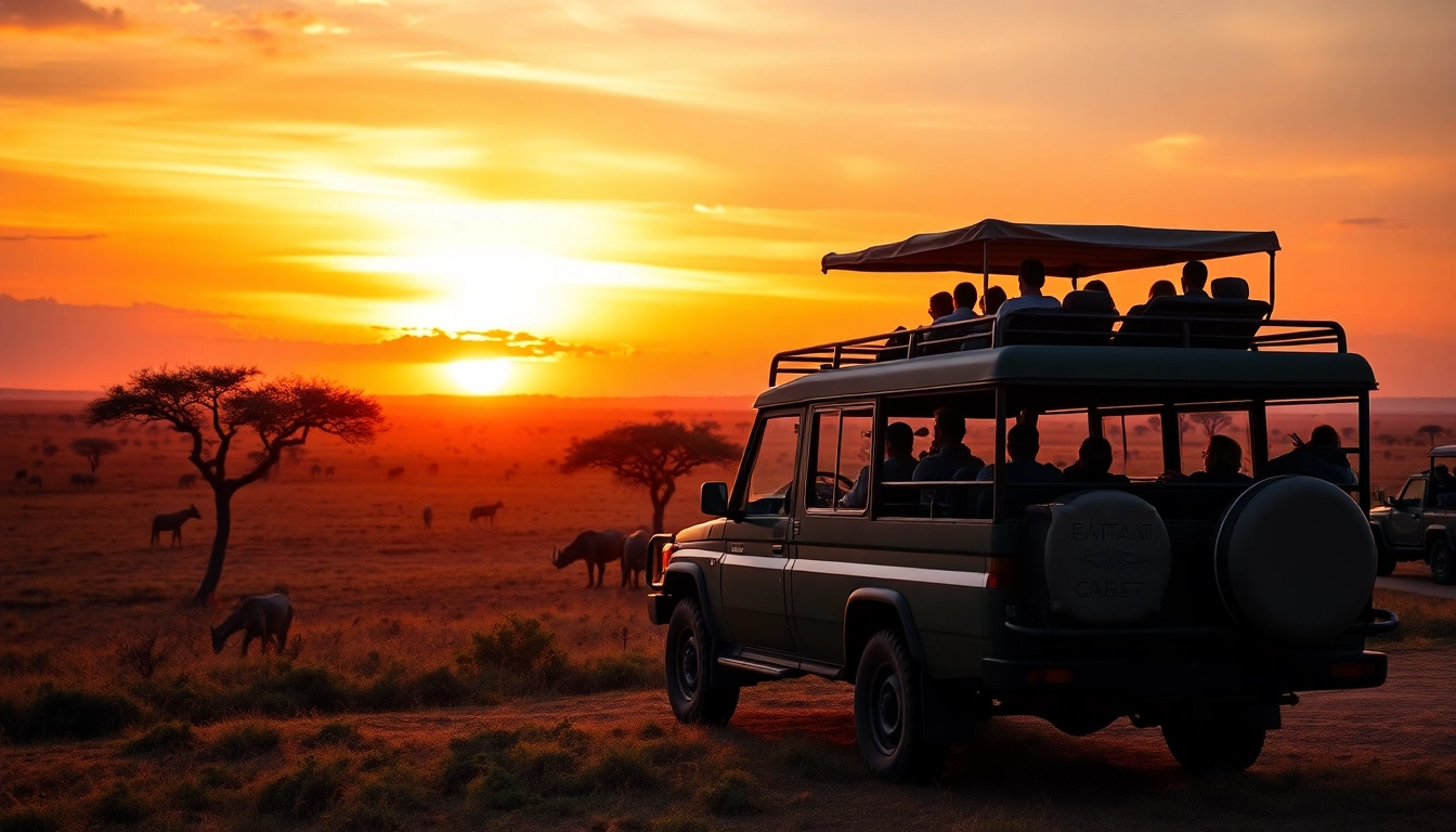 Experience luxury Tanzania safari tours with travelers observing wildlife against a vibrant Serengeti sunset.