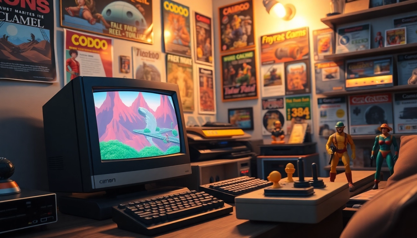 Engaging scene showcasing dos games download on a vintage computer with nostalgic decor.