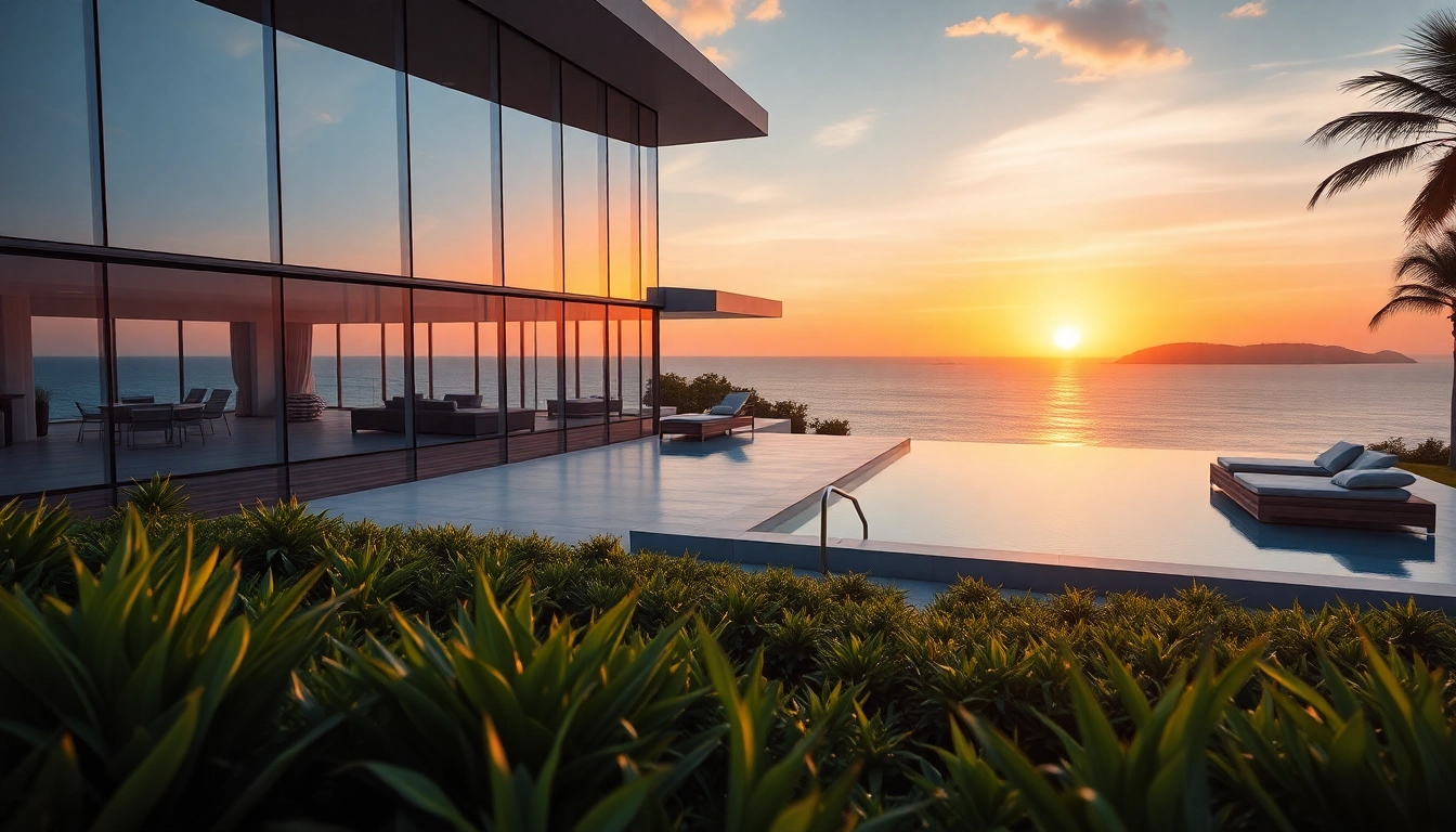 Showcasing luxury international real estate, an exquisite modern villa by the ocean at sunset.