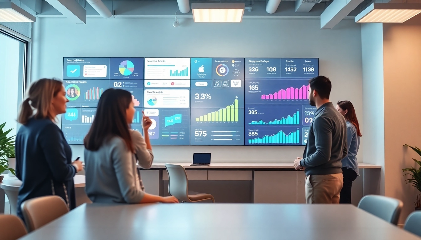 Engaging team collaborating on social media panels data display in a modern office.