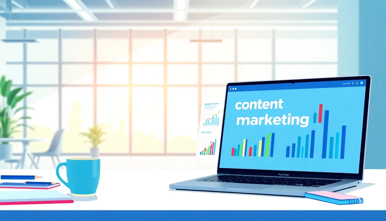 Visual representation of an AI content marketing platform set in a vibrant digital workspace, highlighting data analytics features.