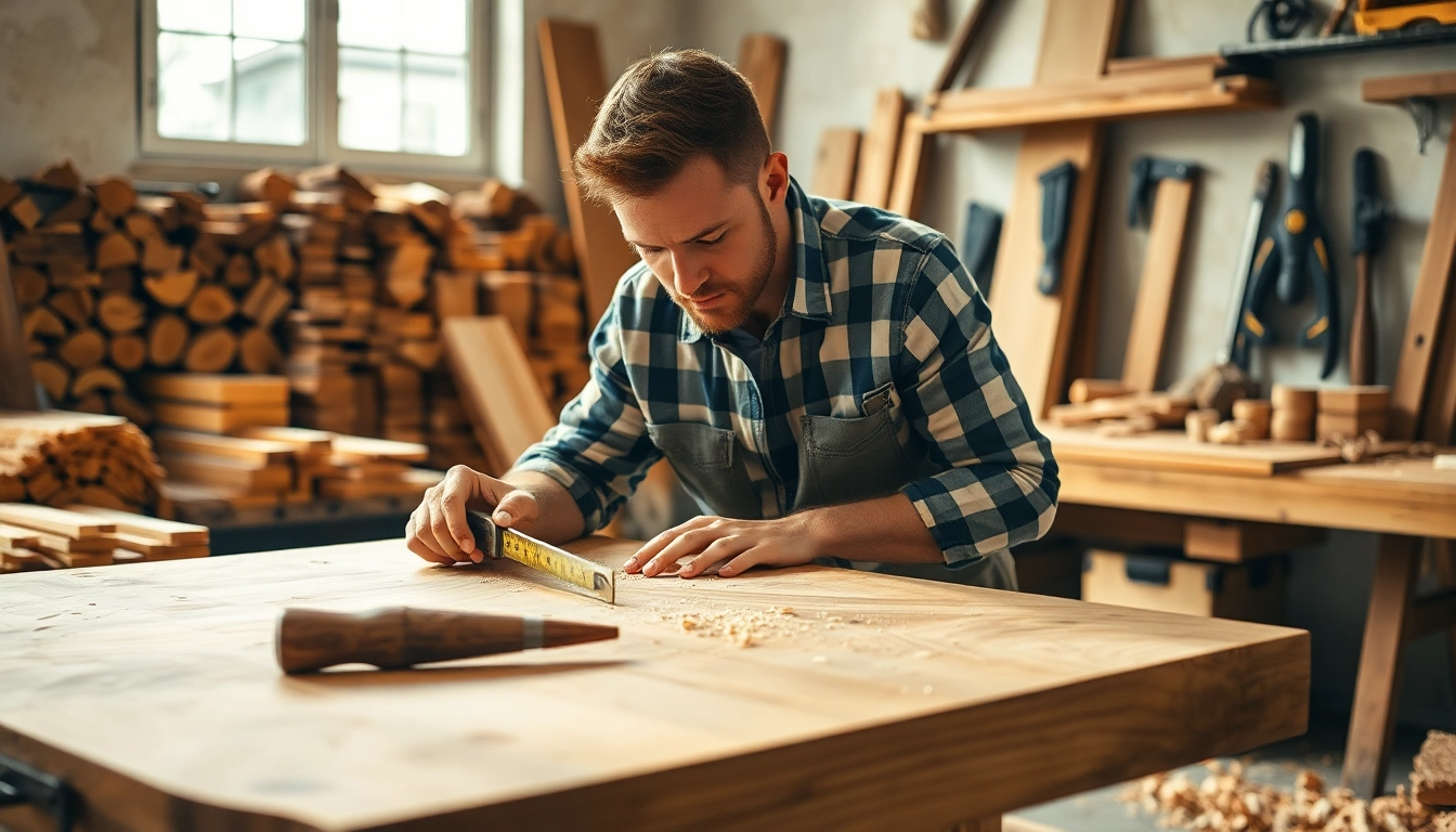 Carpentry expert crafting a wooden table in a bright workshop surrounded by tools.
