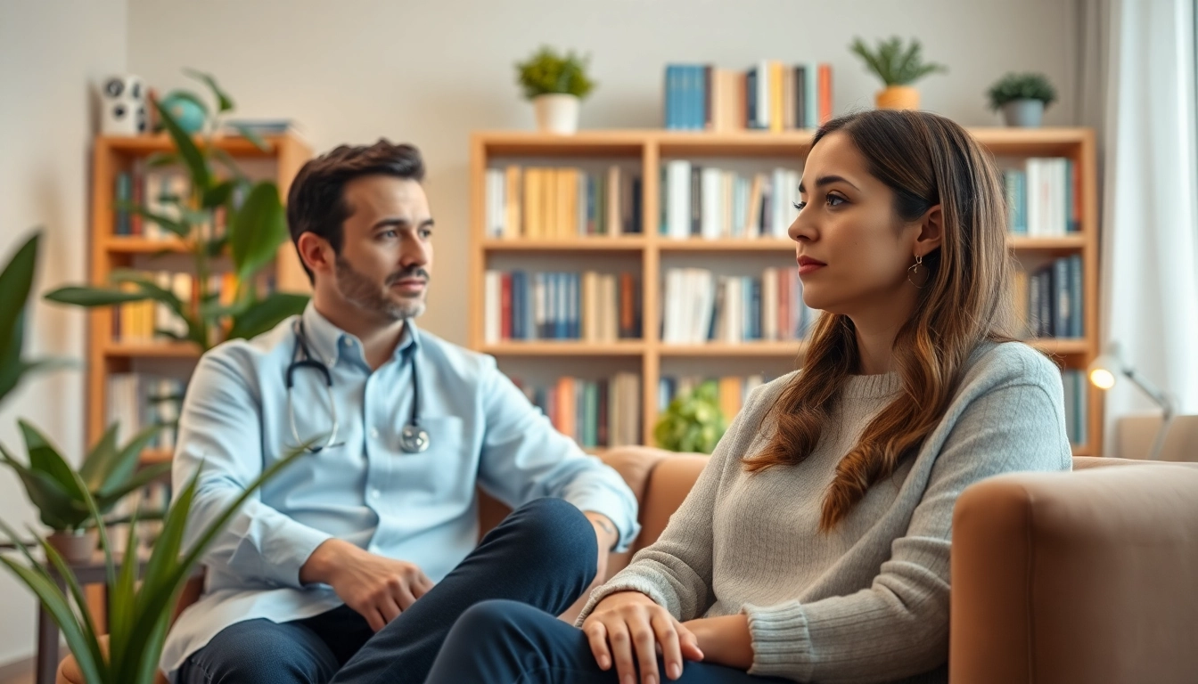 Therapist supporting a client with anxiety in a calming office, fostering a sense of connection.