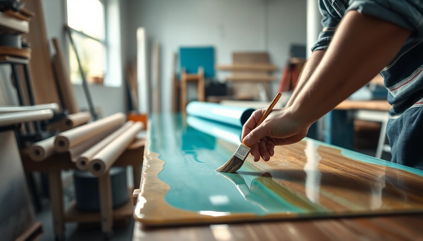 Applying laminating resin on fiberglass sheets by a skilled artisan in a professional setting.