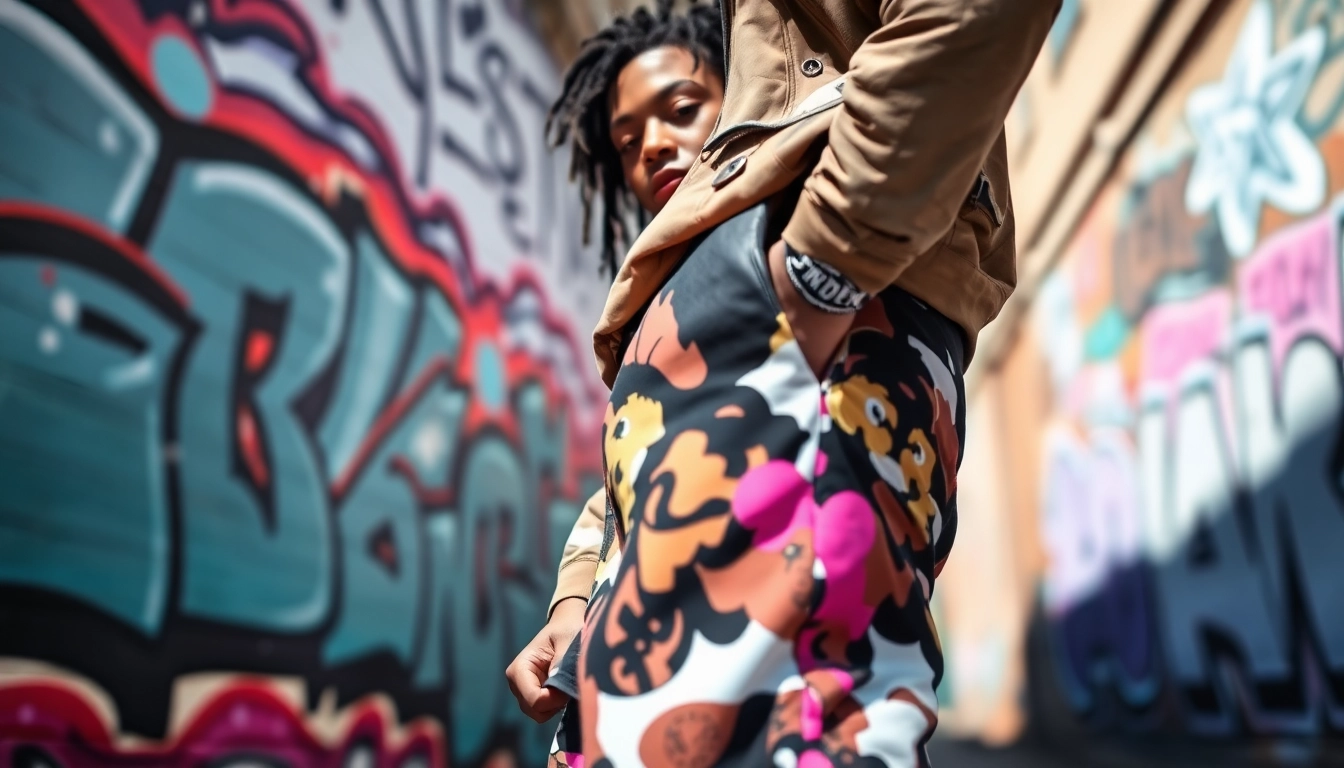 Showcase of top quality replica streetwear worn by a model against urban graffiti background.