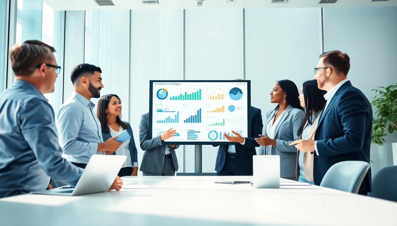 Analyze competitive intelligence data with a professional business team in a modern setting