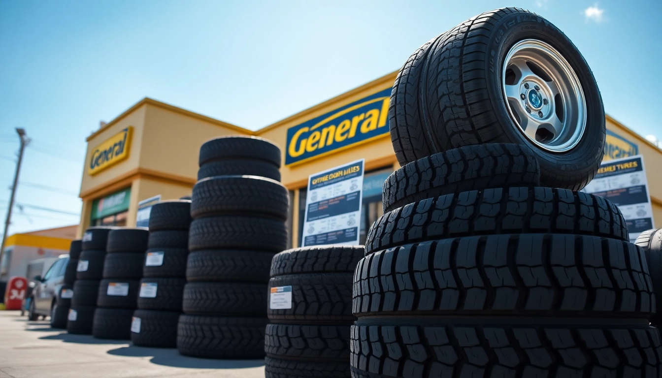 Showcase of General tires highlighting durability and variety in an outdoor tire shop setting