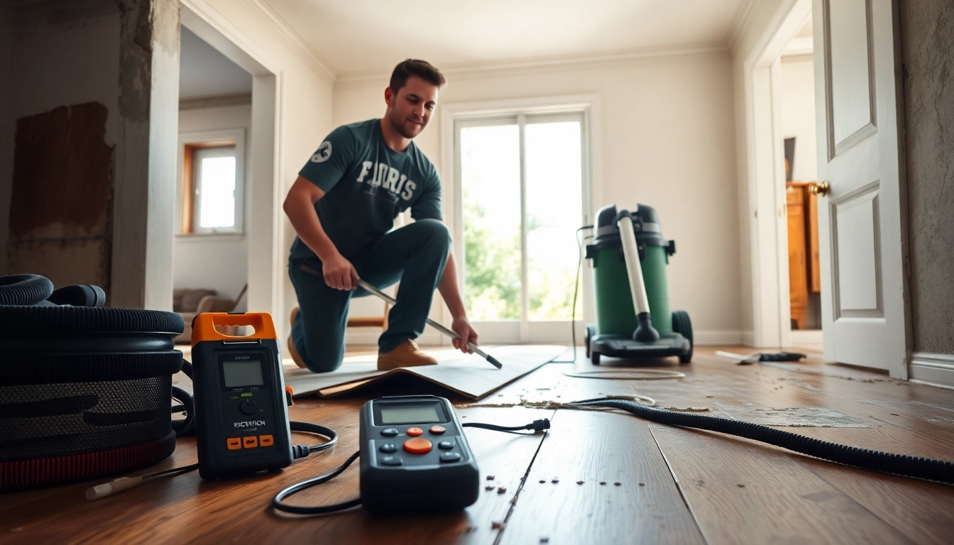 Restoration service technician working in a Suffolk County NY home, demonstrating care and expertise.