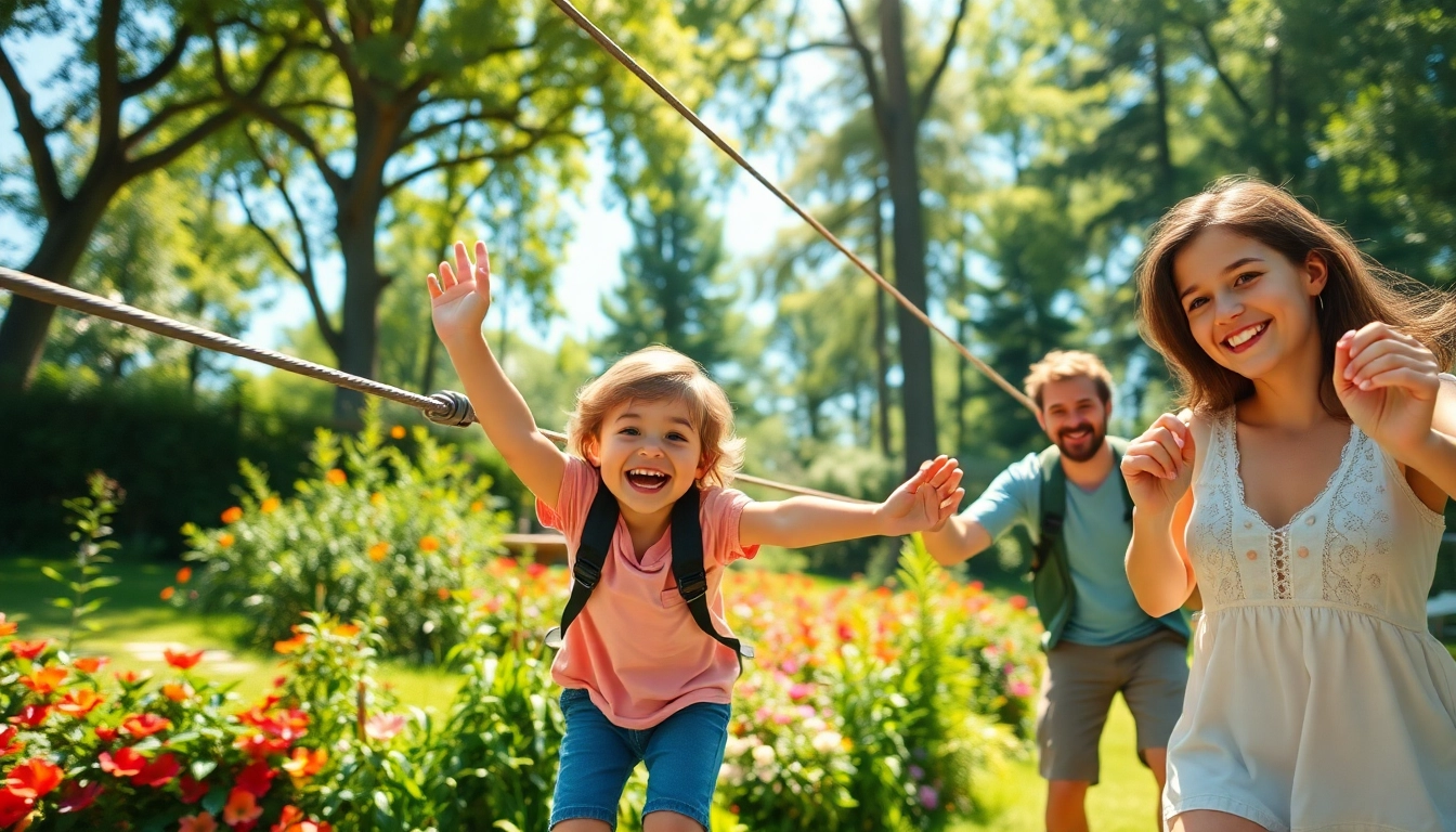 Family enjoying a ZIP WIRE KIT in a vibrant backyard filled with greenery and sunlight.