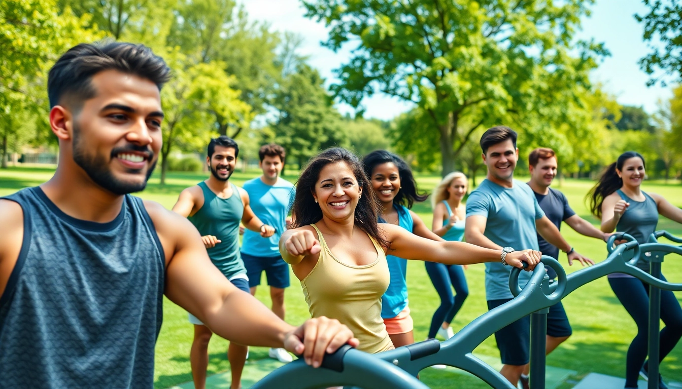 Group exercising on Outdoor Fitness Equipment in a vibrant park, showcasing community fitness.