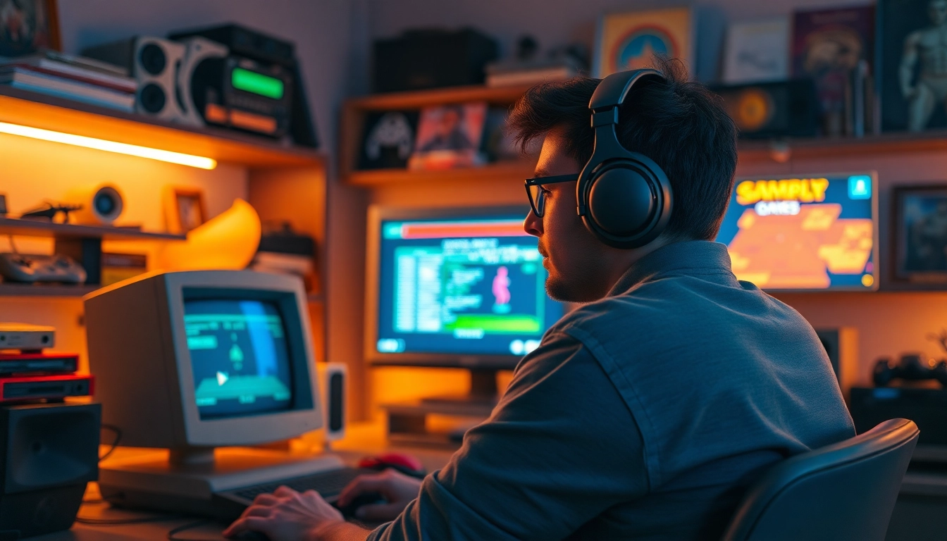 Engaged gamer enjoying dos games download on a vintage setup with nostalgic aesthetics.