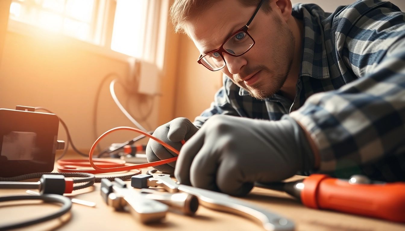 Electrical Contractor Clearwater focused on wiring installation with tools and natural light.