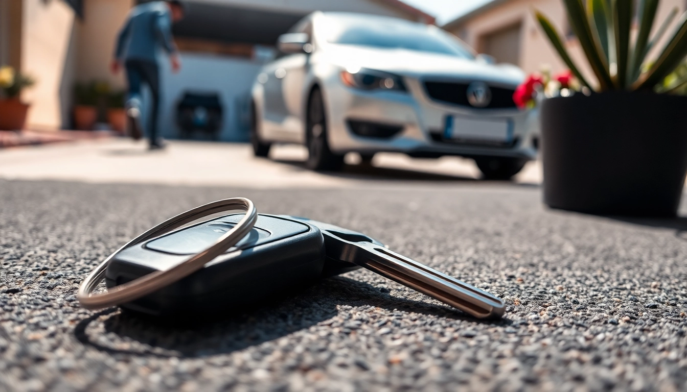Lost Car Keys resting on a surface with a blurred car in the background, emphasizing urgency.