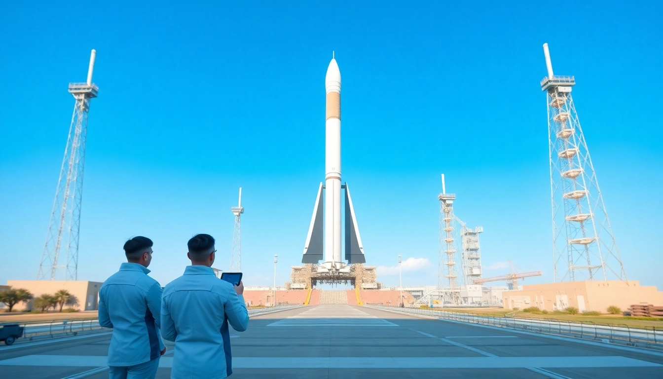 Engineers preparing for launch at Revenue Rocket Lab's futuristic rocket launch pad.