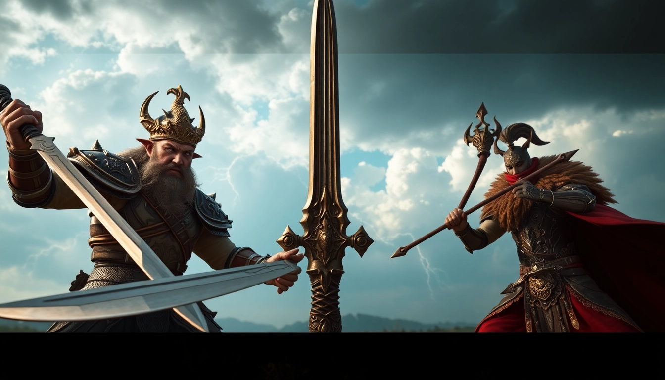 Warlords engaged in an epic fantasy battle, showcasing their intense expressions and powerful stances.