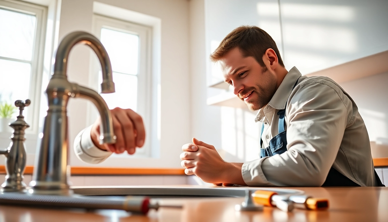 Plumbing wake forest expert fixing a faucet, highlighting craftsmanship and service quality.