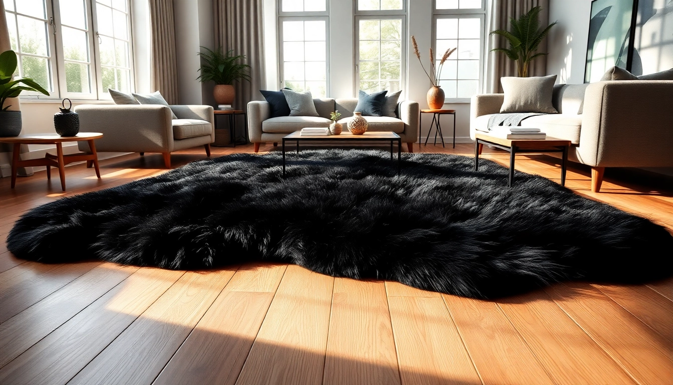 A beautifully styled black sheepskin rug enhances the warm atmosphere of a contemporary living room.