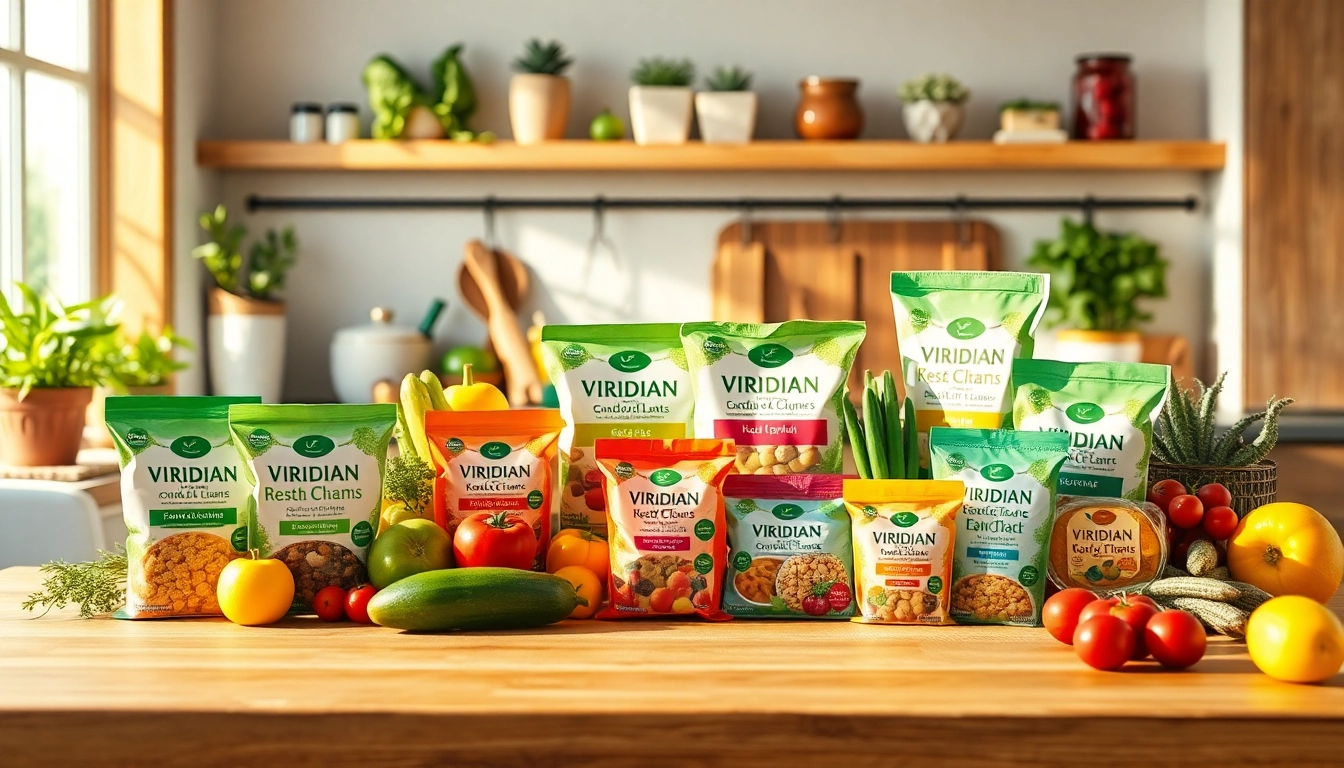 Showcase of Viridian kosher products beautifully arranged with fresh produce on a wooden table.