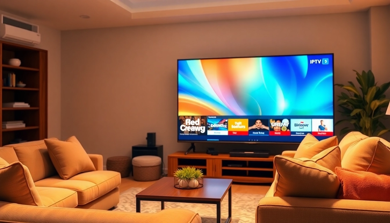 Regardez le meilleur iptv dans un salon moderne avec une télévision lumineuse.