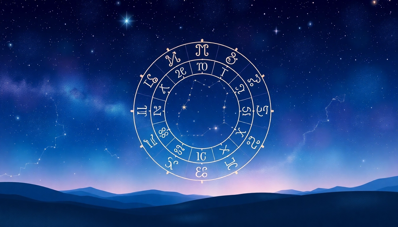 Persönliche Horoskope mit leuchtendem Tierkreis und funkelnden Sternen visuell darstellt.
