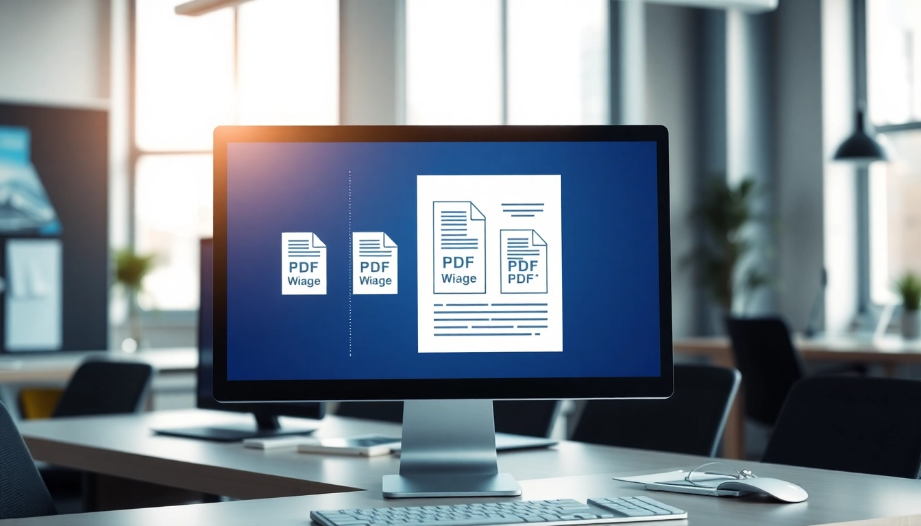 Merge PDF free tool interface showcasing the merging process of documents in an office setup.