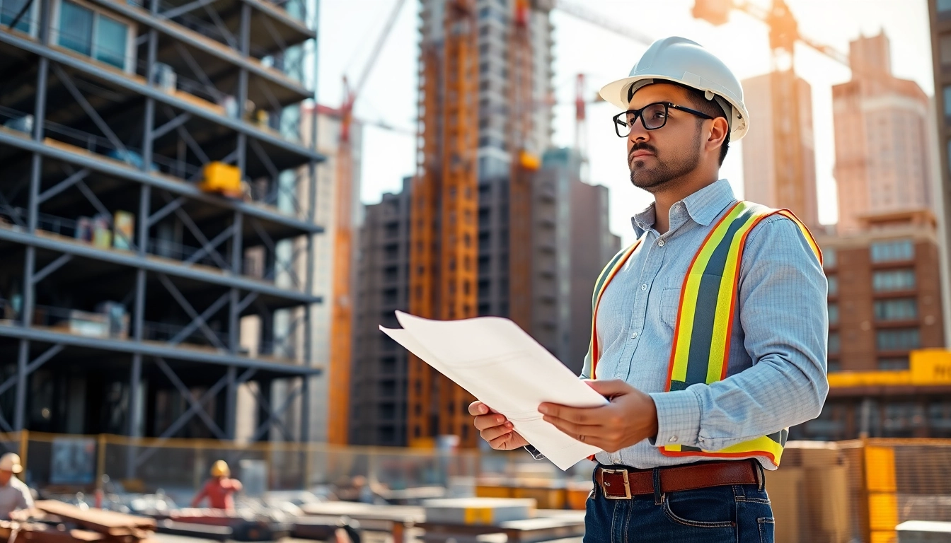 Manhattan Commercial General Contractor examining plans at a busy urban construction site.