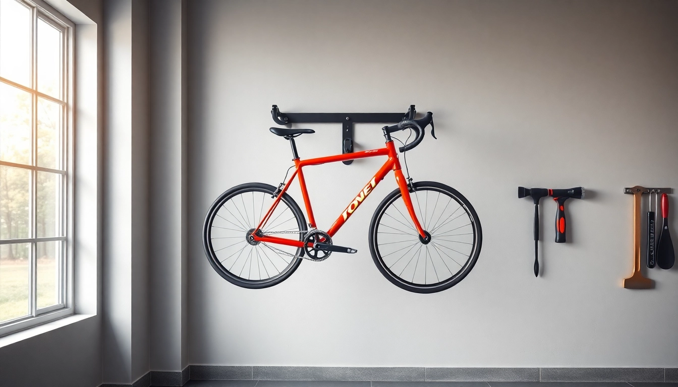 Install bike wall mount to display your bicycle elegantly in a modern garage setting.
