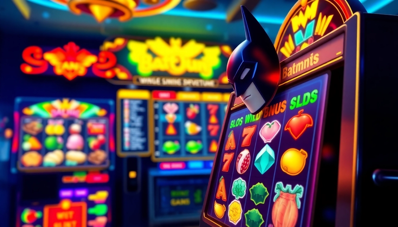 Menggambarkan batman138 Slot yang menarik di kasino online dengan simbol permainan yang berwarna-warni.