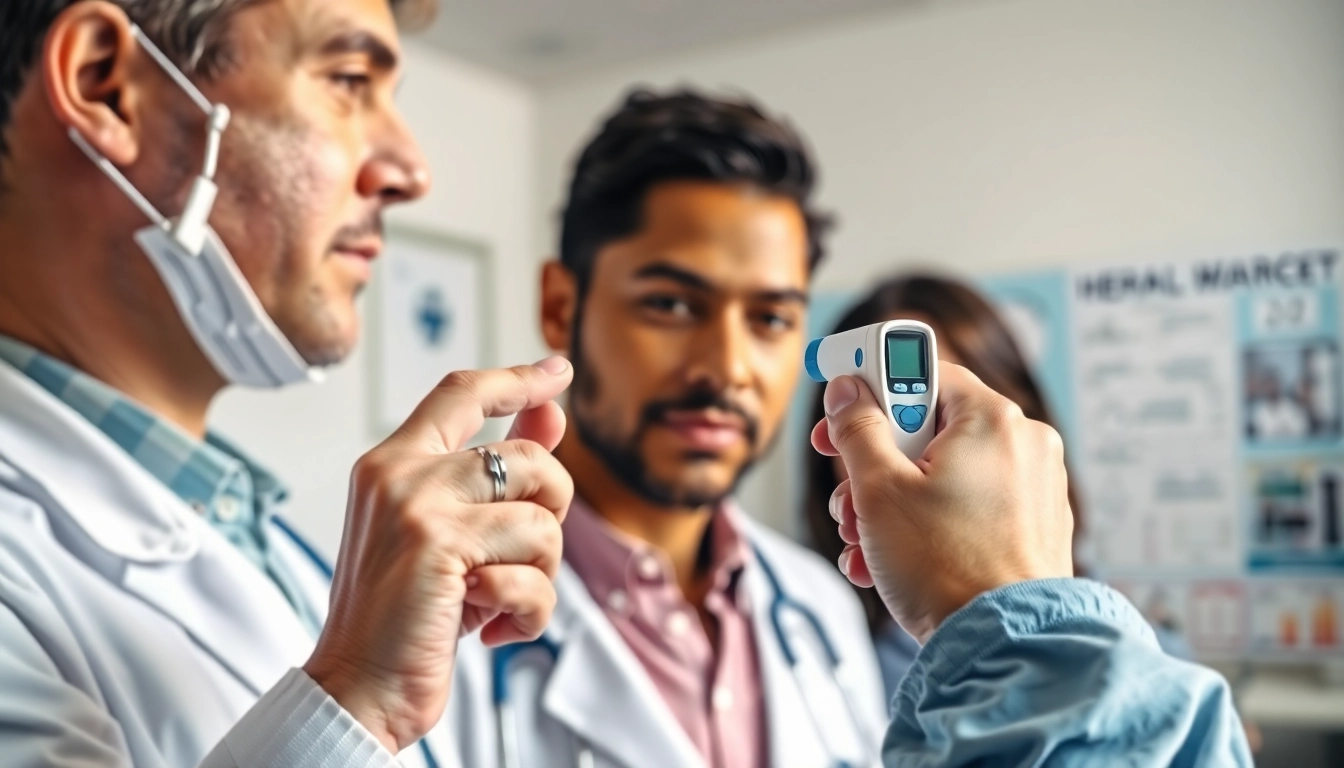 Doctor measuring high temp for fever assessment in a clinical environment.