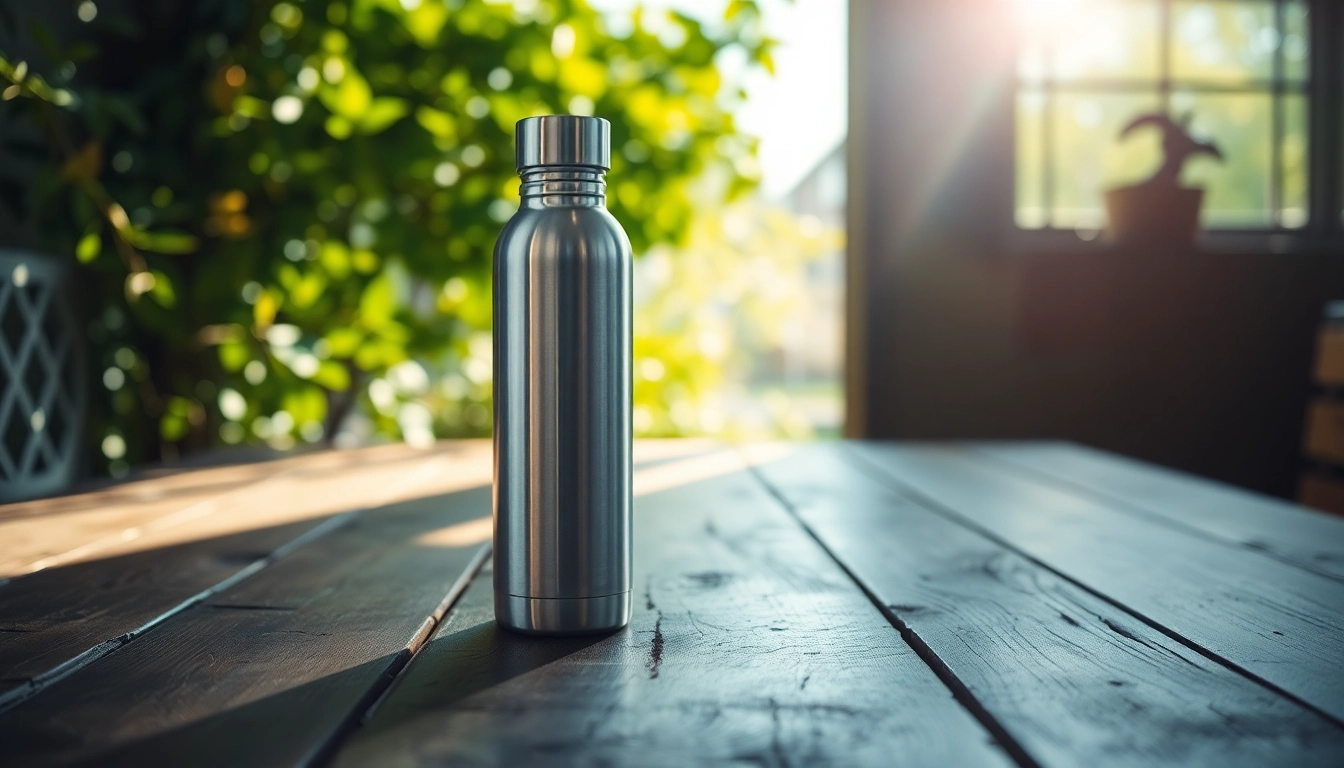 Hydrating with an insulated stainless steel water bottle on a rustic table surrounded by greenery.