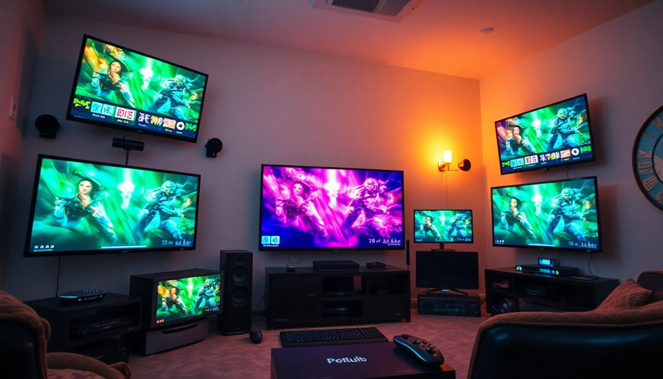 Comprar Listas IPTV en un sistema de transmisión moderno con varios canales en pantallas.