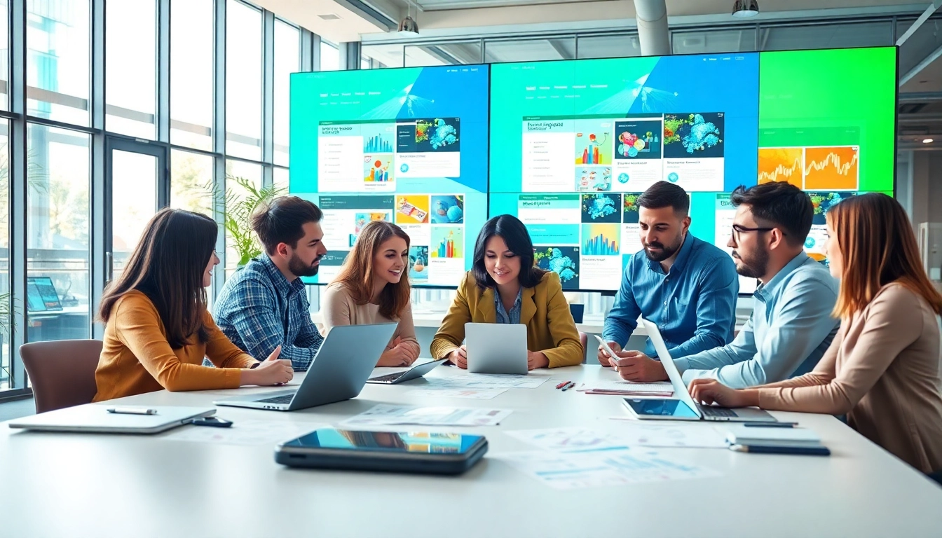 Collaborative effort of a kansas city web design company showcasing vibrant designs in a modern workspace.