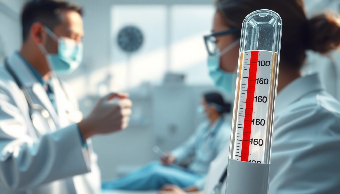 Measuring high temp with a thermometer in a medical setting during examination.